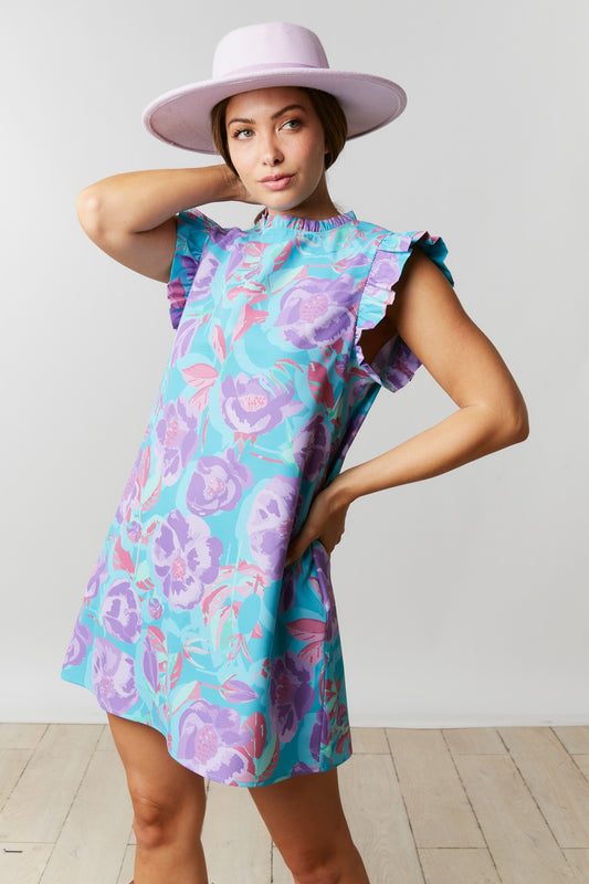 Teal Floral Poplin Shift Dress