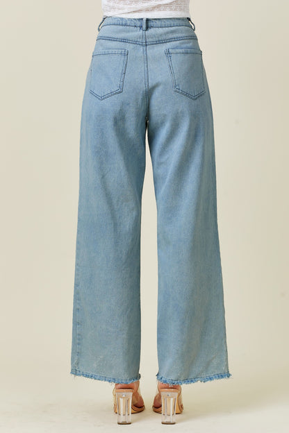 Flower Pearl Light Wash Wide Leg Denim Pants