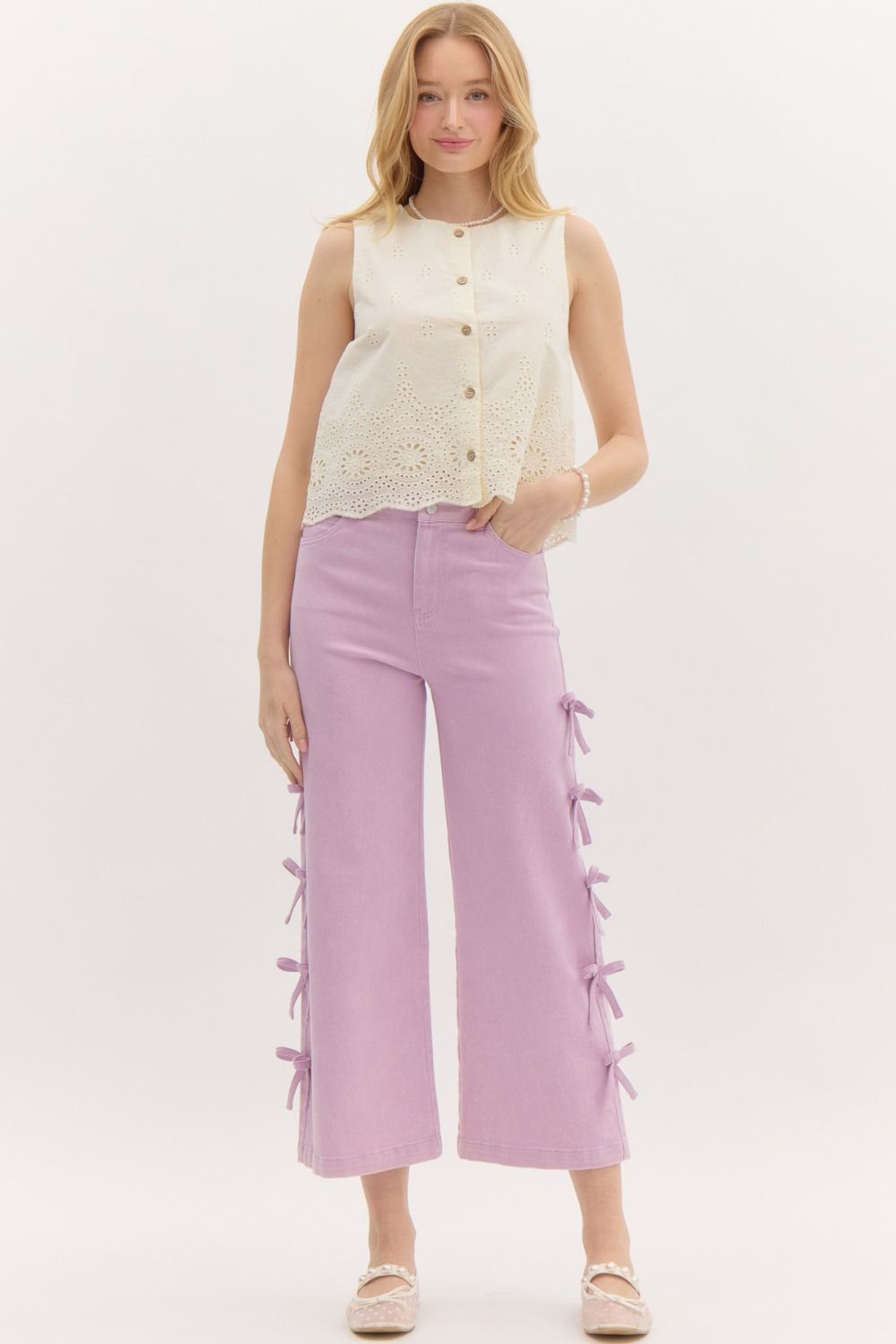 Lavender Bow Trim Crop Denim