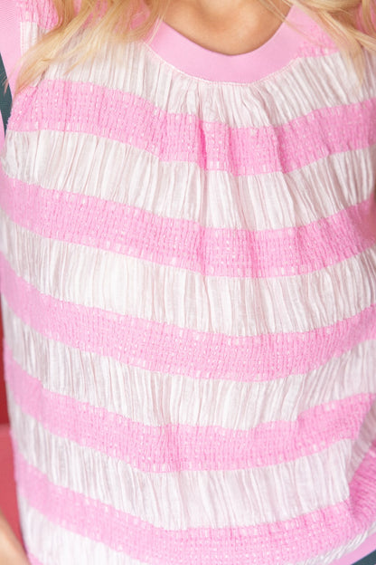 Playful Pink Striped Texture Tank Blouse