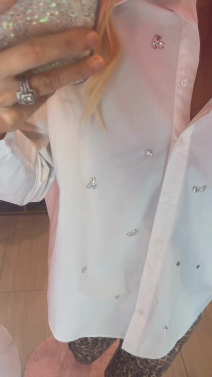 Crisp White Rhinestone Button Down Top