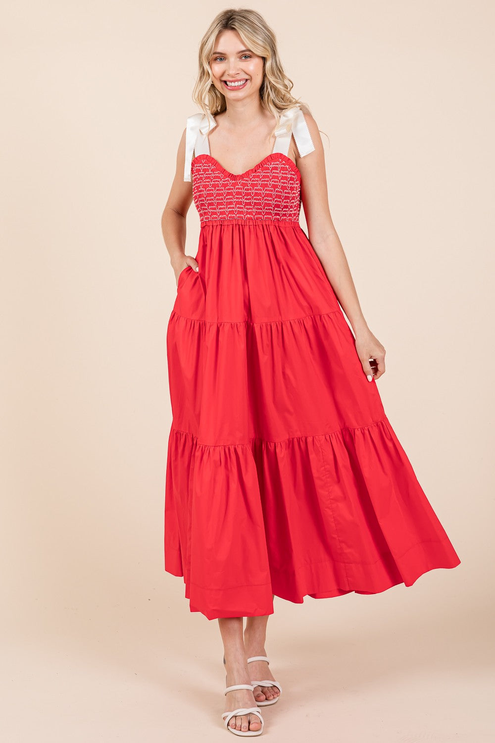 Ribbon Tie Shoulder Strap Maxi Dress - Red