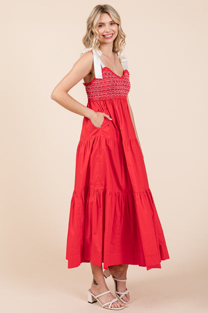 Ribbon Tie Shoulder Strap Maxi Dress - Red