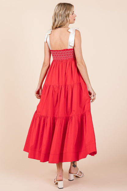 Ribbon Tie Shoulder Strap Maxi Dress - Red