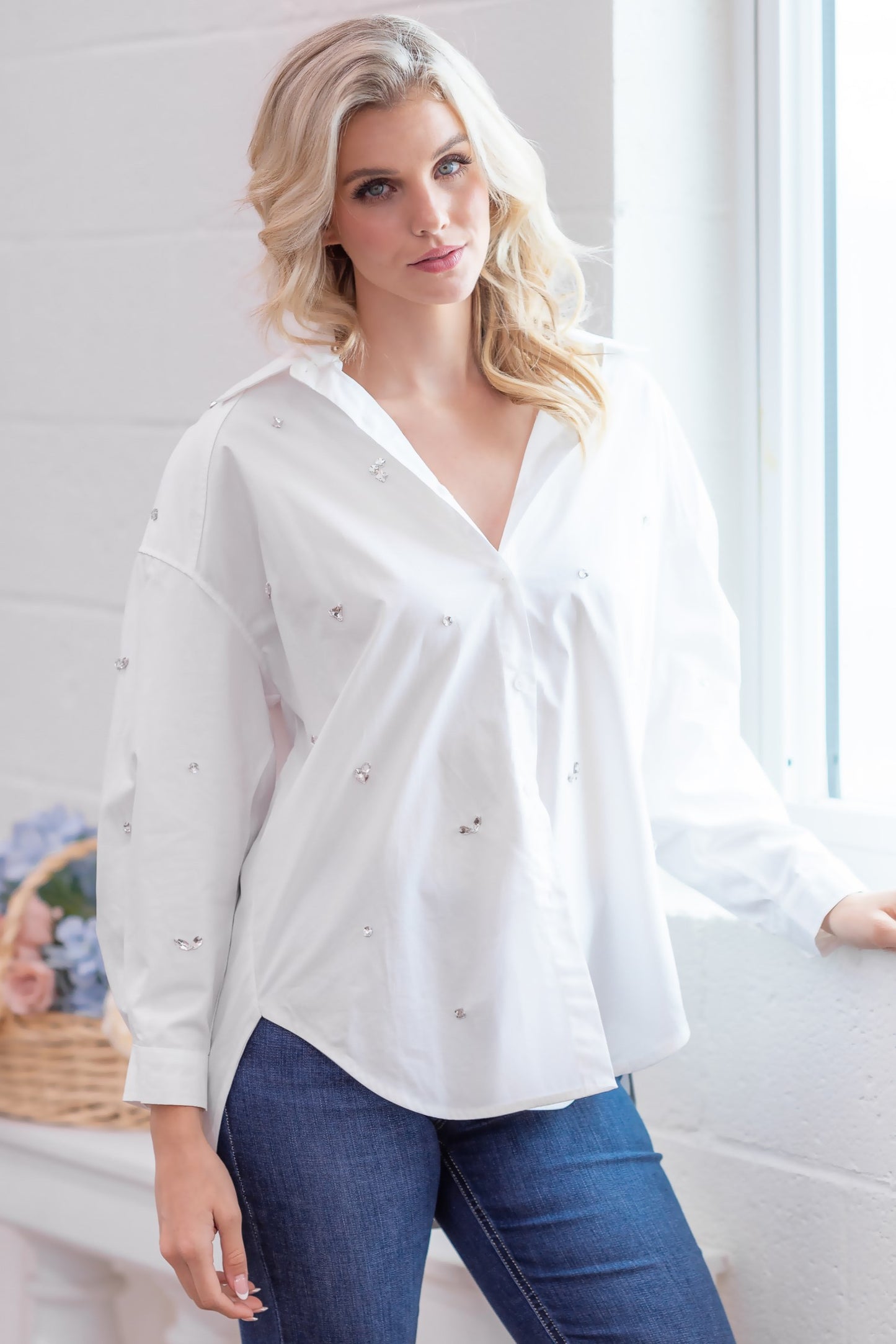 Crisp White Rhinestone Button Down Top