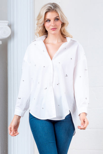 Crisp White Rhinestone Button Down Top