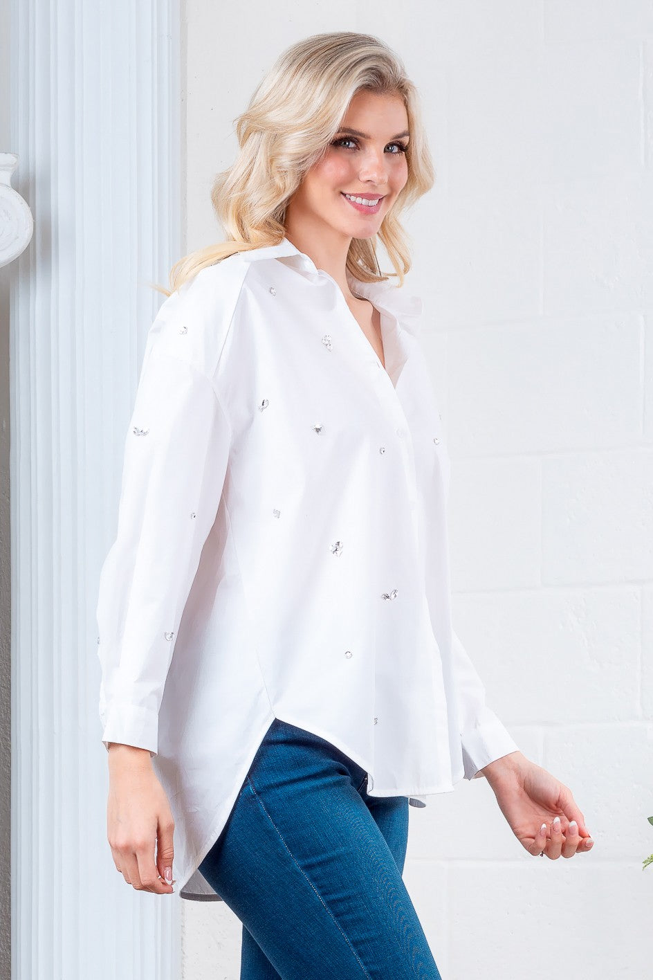 Crisp White Rhinestone Button Down Top