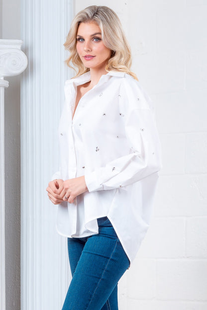 Crisp White Rhinestone Button Down Top