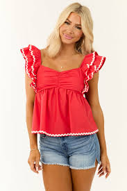 Ruby Red Ribbon Trim Short Ruffle Sleeve Top